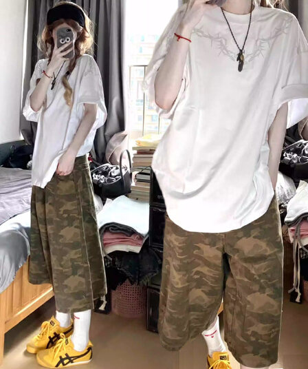 플랫 허리 하프 밴딩 일본식 품격 카모플라주 7부 바지 문예 미니멀리즘 트렌드 느긋한 새로운 패션 하라주쿠