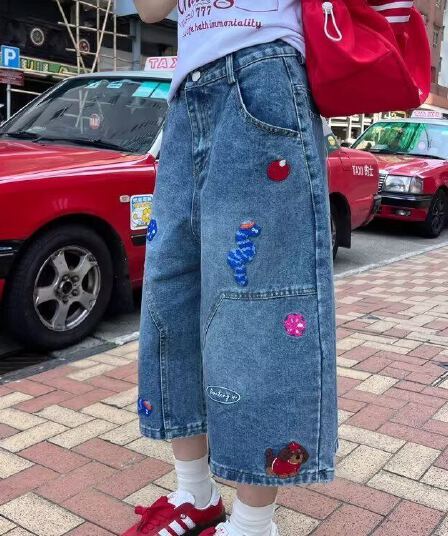 아메리칸 레트로 파란색 자수 패치 데님 7부 바지 여성 여름 새로운 캐주얼 루즈핏 스트레이트 반바지