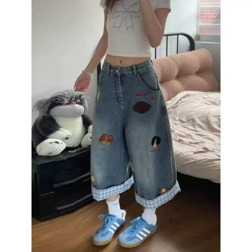 아메리칸 레트로 자수 데님 7부 바지 여성 여름 체크무늬 패치워크 디자인 루즈핏 슬림해 보이는 넓은 다리 바지