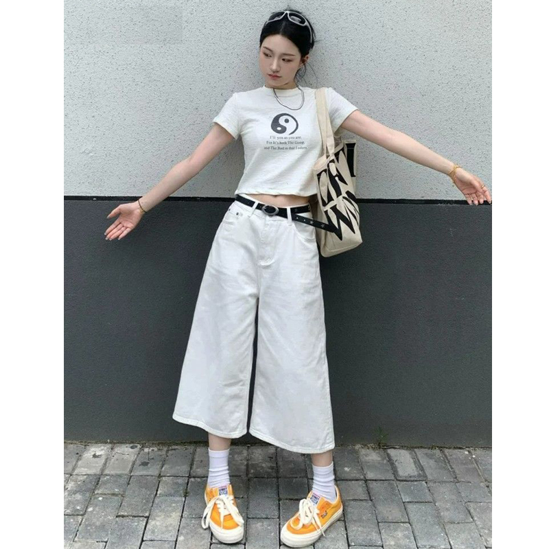 아메리칸 화이트 하이웨이스트 넓은 다리 데님 반바지 여성 여름 새로운 패션 루즈핏 슬림해 보이는 7부 바지 스트레이트 바지
