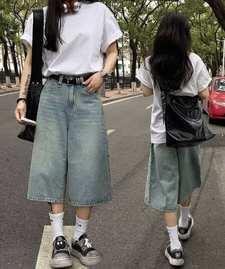 데님 반바지 여성 여름 새로운 아메리칸 높음 거리 레트로 워싱 마 오래된 루즈핏 핫걸 7부 바지