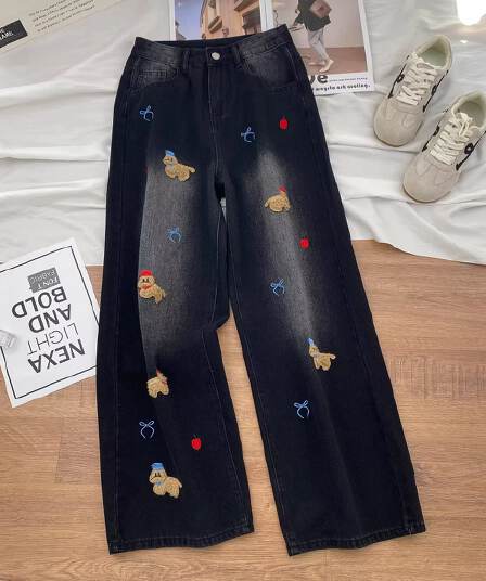 아메리칸 레트로 강아지 자수 넓은 다리 청바지 남녀 봄 새로운 루즈핏 스트레이트 바닥 청소 바지