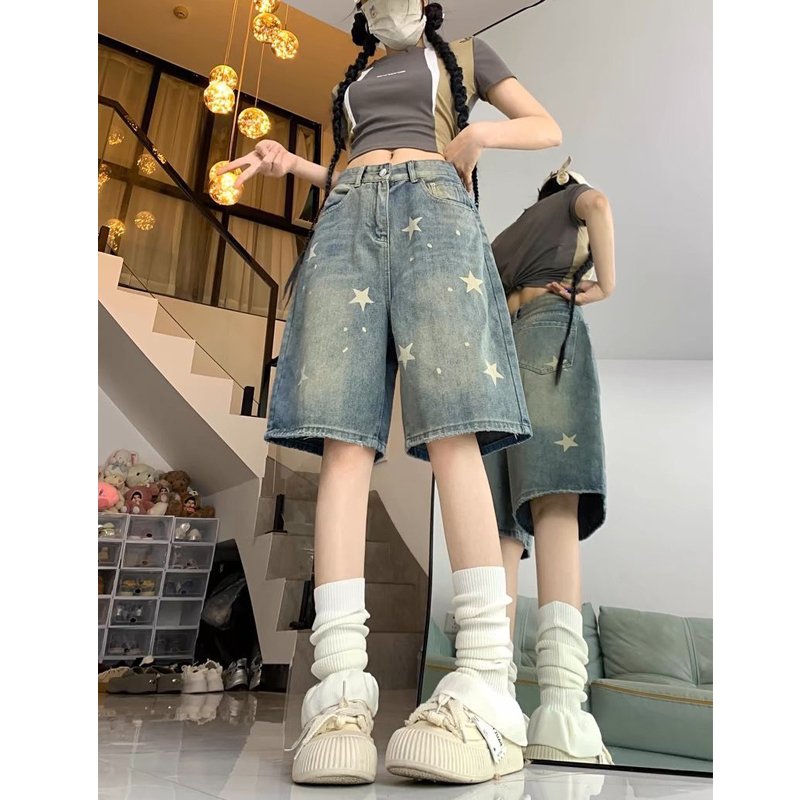 아메리칸 레트로 별 프린트 데님 바지 여성 여름 거리 핫걸 루즈핏 넓은 다리가 짧다. 바지 5 점 바지