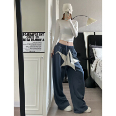 批发纯棉星星贴布刺绣垂感拖地裤女宽松显瘦显高阔腿裤休闲运动长裤子