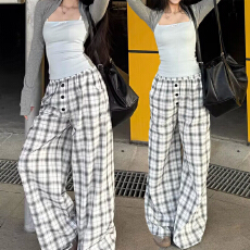 批发夏季新款阔腿裤女时尚百搭宽松显瘦洋气简约设计感休闲格子裤