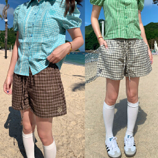 立体腰头-刺绣格子拼色直筒抽绳三分短裤女辣妹休闲显瘦百搭短裤