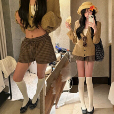 批发立体腰头-刺绣格子拼色直筒抽绳三分短裤女辣妹休闲显瘦百搭短裤