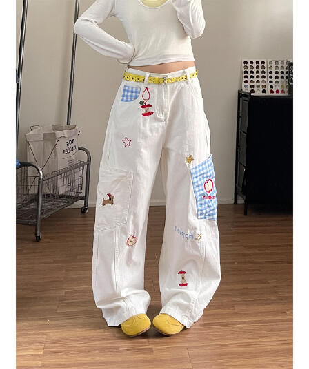 작은 키 애플 강아지 자수 화이트 넓은 다리 청바지 여성 체크무늬 패치워크 소녀 하이웨이스트 도루 센스 바닥 청소 바지