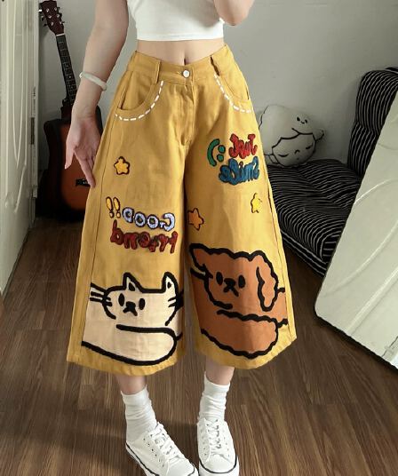 아메리칸 레트로 만화 자수 7부 바지 여성 여름 새로운 재미있는 달콤함 개성 Chic 스트레이트 넓은 다리가 짧다. 바지