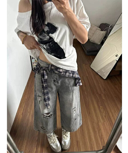 아메리칸 레트로 마 오래된 찢어진 부분 7 점 청바지 2026 여름 새로운 패션 체크무늬 방귀 커튼 스트레이트 와이드 레그 팬츠