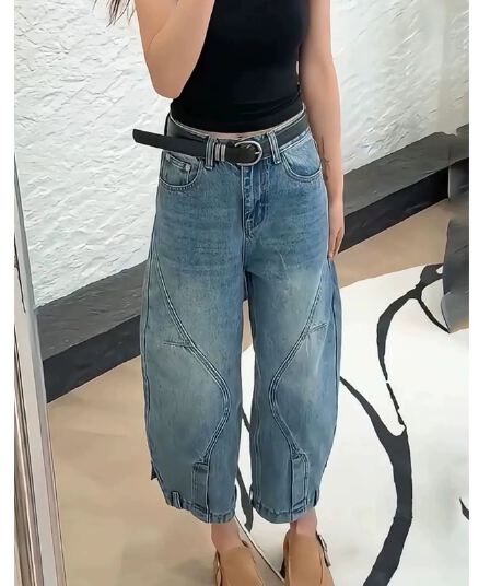 배 모양 몸 빅 사이즈 모통이 칼 데님 바나나 바지 여성 가을 겨울철 새로운 레트로 다리 두꺼운 넓적 다리 와이드 슬림해 보이는 하렘 바지