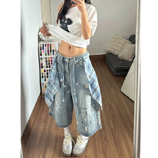 批发撞色格纹裙摆泼墨牛仔七分裤女ins夏秋季设计感宽松阔腿7分中裤子
