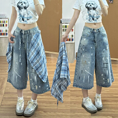批发撞色格纹裙摆泼墨牛仔七分裤女ins夏秋季设计感宽松阔腿7分中裤子