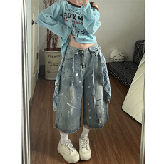 批发撞色格纹裙摆泼墨牛仔七分裤女ins夏秋季设计感宽松阔腿7分中裤子