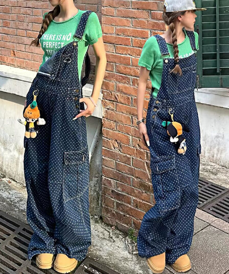 아메리칸 레트로 도트 무늬 데님 워크웨어 멜빵 바지 여성 한국 스타일 봄 가을 루즈핏 캐주얼 높음 거리 스트레이트 넓은 다리 길이 바지