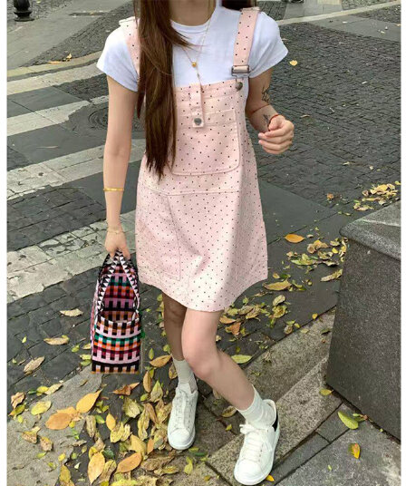 캐주얼 ins 데님 프린트 도트 무늬 멜빵 스커트 아이들 봄 여름 새로운 루즈핏 달콤한 차가운 다용도 멜빵 데님 스커트