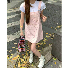批发休闲ins牛仔印花波点背带裙子女<b class='q'>春</b>夏新款宽松甜酷百搭背带牛仔裙