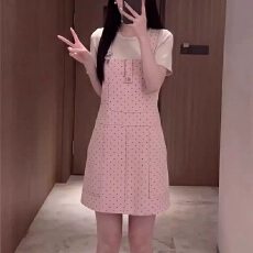 批发休闲ins牛仔印花波点背带裙子女<b class='q'>春</b>夏新款宽松甜酷百搭背带牛仔裙