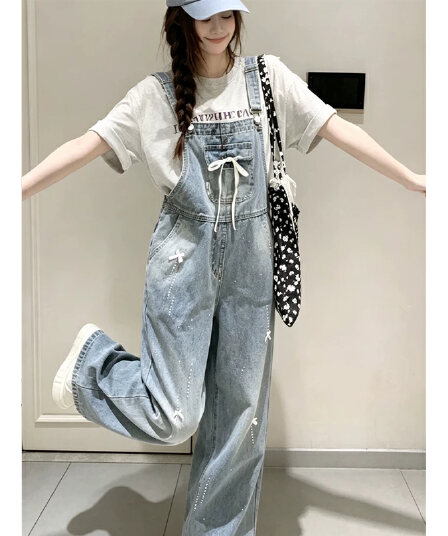 데님 멜빵 바지 여성 루즈핏 나비 매듭 핫픽스 봄 가을 새로운 연령 감소 귀여운 출퇴근 스트레이트 청바지 트렌디