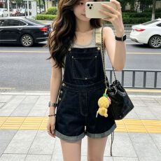 批发潮流慵懒风通勤牛仔背带<b class='q'>短裤</b>女春夏季新款宽松显瘦百搭直筒<b class='q'>连体</b><b class='q'>裤</b>