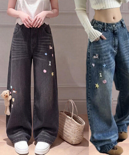 트렌드 ins 바람 작은 곰 행침 장식 넓은 다리 청바지 여성 봄과 가을 디자인 센스 루즈핏 슬림해 보이는 바닥 청소 청바지