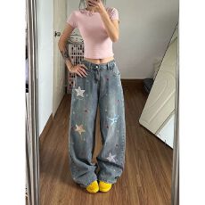 批发街头嘻哈星星贴布刺绣牛仔<b class='q'>裤</b>女春秋季宽松设计感<b class='q'>百搭</b>直筒牛仔<b class='q'>裤</b>潮