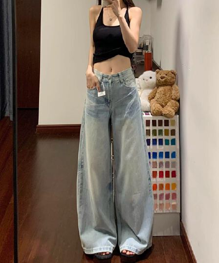하라주쿠 스타일 느긋한 바람 스트레이트 청바지 여성 봄 가을 새로운 하이웨이스트 루즈핏 도루 센스 패션 스트레이트 청바지