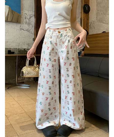 작은 대중 개성 출퇴근 캐주얼 작은 동물 와 나비 매듭 프린트 넓은 다리 청바지 여성 봄 가을 스트레이트 청바지