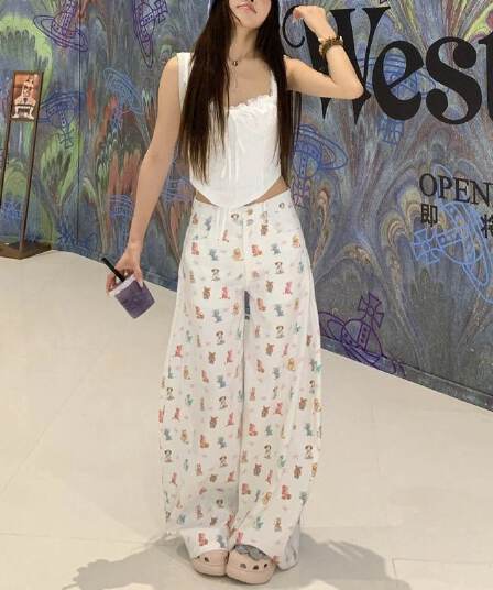 느긋한 바람 출퇴근 캐주얼 작은 동물 와 나비 매듭 프린트 넓은 다리 청바지 여성 봄 가을 스트레이트 청바지