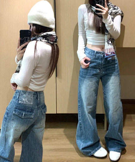 상표 패치 스트레이트 청바지 여성 봄 가을 새로운 달콤한 차가운 루즈핏 패션 스트레이트 바닥 청소 청바지 트렌디