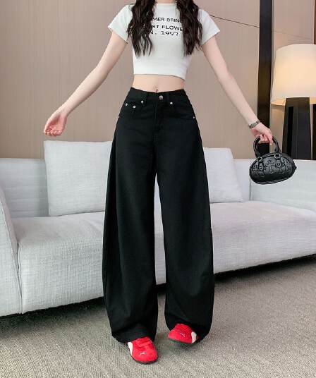 검정색 주름 해체 모통이 칼 청바지 여성 가을 겨울 새로운 로우 웨이스트 루즈핏 넓은 다리 슬림해 보이는 도루 센스 바닥 청소 바지