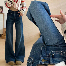 批发嘻哈ins潮流烫钻微喇牛仔裤女<b class='q'>春</b>秋季新款高腰显瘦微弹喇叭牛仔裤