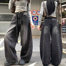 批发潮流街头韩版烫钻拼接牛仔裤子女<b class='q'>春</b>秋季新款宽松显瘦拖地牛仔裤