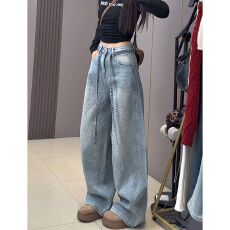批发个性潮流韩版烫钻拼接牛仔裤子女<b class='q'>春</b>秋季宽松显瘦时尚拖地牛仔裤