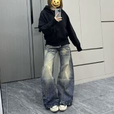 批发美式街头<b class='q'>嘻哈</b>阔腿牛仔<b class='q'>裤</b>女春秋宽松设计感潮流百搭阔腿弯刀牛仔<b class='q'>裤</b>