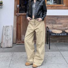 批发辣妹小众街头字母纽扣直筒牛仔<b class='q'>裤</b>女春秋季<b class='q'>新款</b>慵懒风阔腿牛仔<b class='q'>裤</b>潮