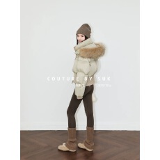 批发SUK 京都落雪！90白鹅绒短款秋冬设计感复古时尚毛领羽绒服外套女