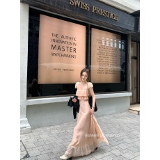 批发板栗可可1.6/20点 an落日<b class='q'>长裙</b>蕾丝法式荷叶边A字收腰显瘦连衣裙