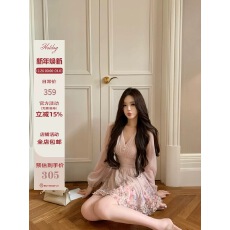 批发Hotdog 热狗很辣【 花落梦夕】收腰显瘦V领木耳边繁花长袖<b class='q'>连衣裙</b>