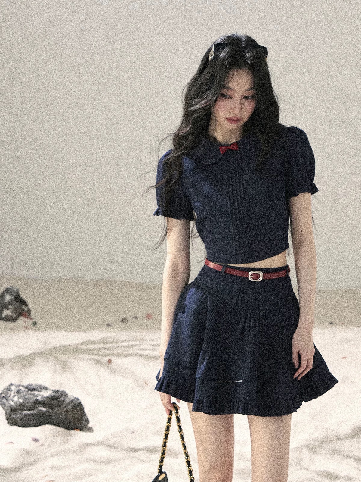 5 월 6 신제품 88 접기 aomalm 덜 또한 눈 해변가 ~ 중 바람 데님 주름 세트 여성 여름