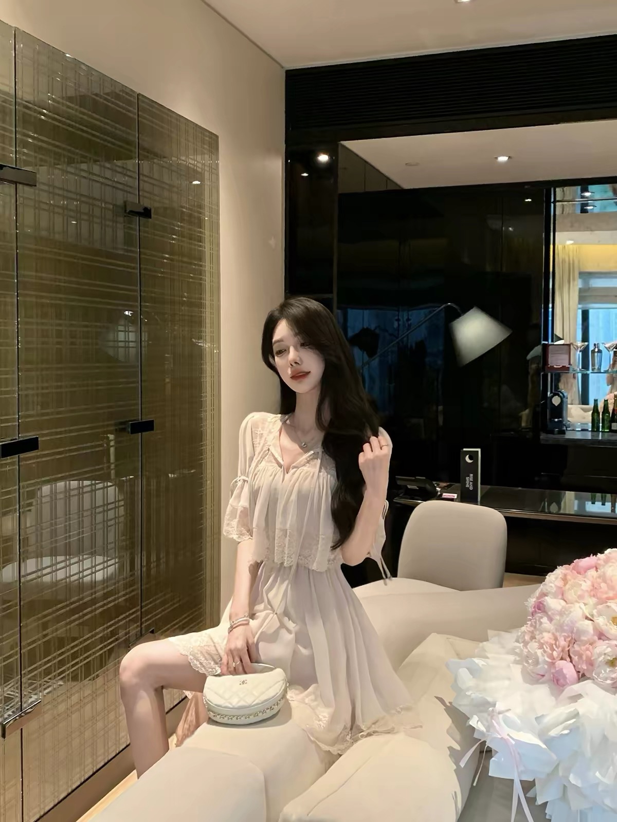 justqin 모래 페인트 어린이 2026 새로운 여름 드레스 섹시함 레이스 미니 스커트 순수한 욕망 허리 수축 여성 드레스