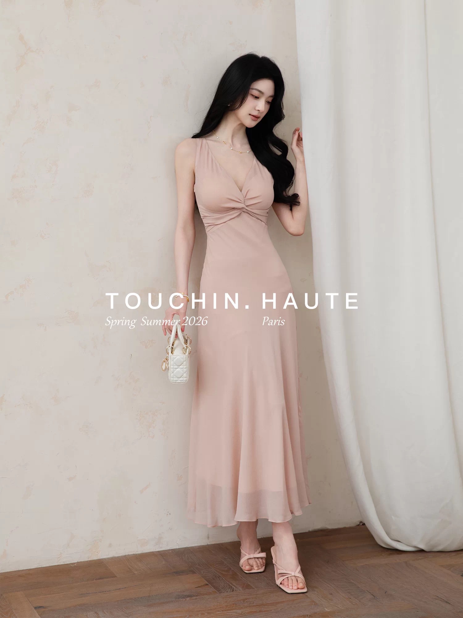 touchin haute 사랑 흐름 1oo 사람들 실크 V넥 비틀림 레트로 허리 수축 슬림해 보이는 품격 여성 드레스
