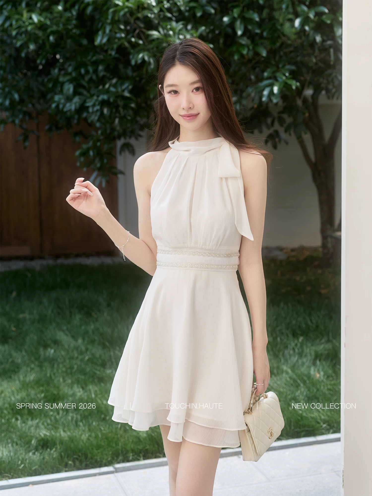touchin haute5.27 10 00 순수한 욕망 빛 언어 행침 목 비즈 박기 허리 수축 민소매 여성 드레스