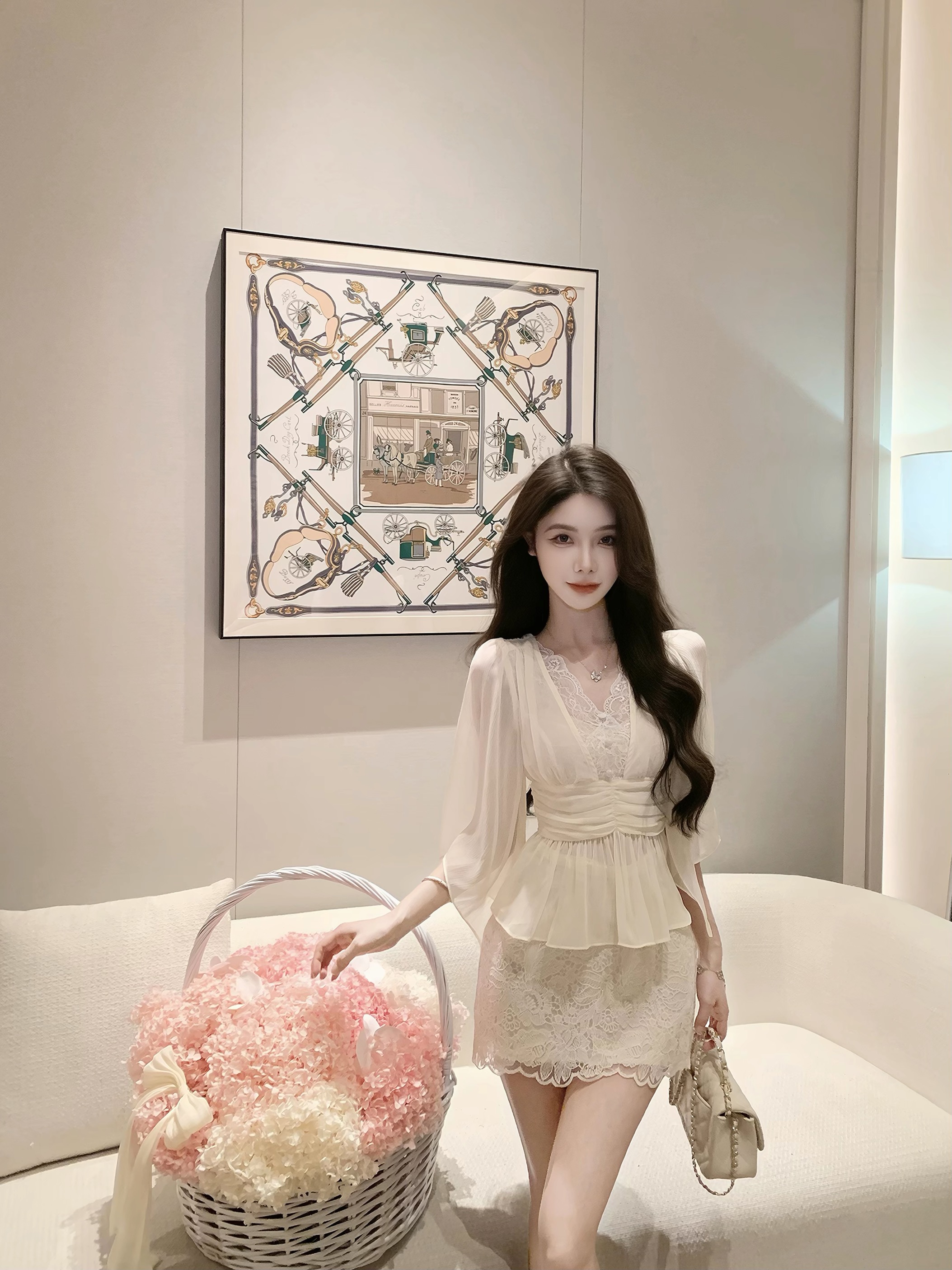 justqin 6 3 부드러운 실 하트 비트 새로운 여름 드레스 명문 여성 바람 허리 수축 맨위 레이스 측면 쉬폰 작은 셔츠 여성