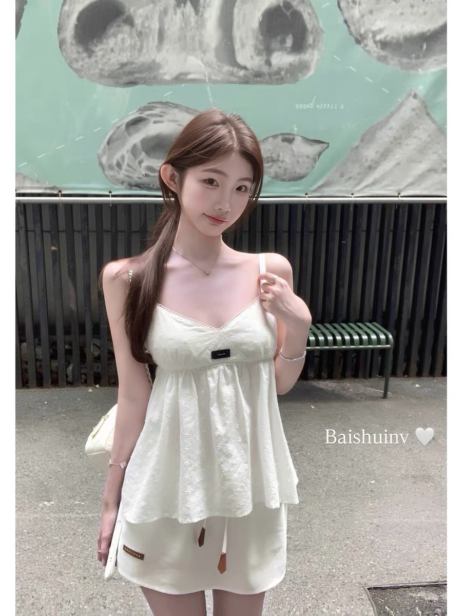 화이트 워터 여성 miu 부서 세트 그룹 순면 자수 슬립 여성 드레스 여름 한 부서 부드러운 낭만주의 바람 미니 스커트