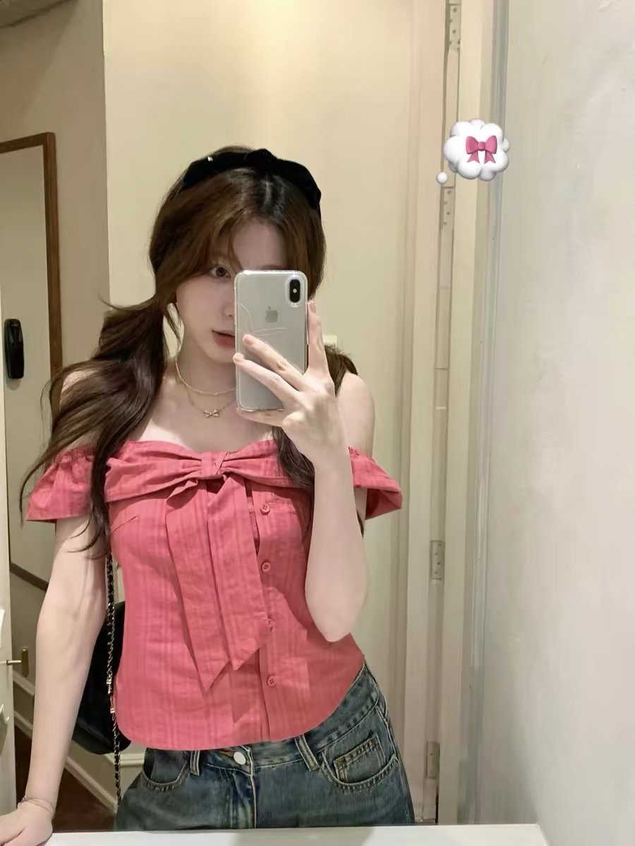 ptonumi6.19 늦게 8시 켜기 새로운 나비 매듭 스트랩 오프숄더 반팔 셔츠