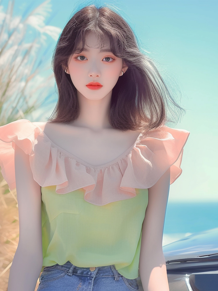 여름 인기 폭발 작은 대중 디자인 센스 맨위 연령 감소 잘 생긴 달콤함 부드러운 바람 배색 작은 날다 소매 여성 셔츠