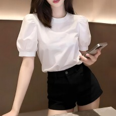 批发法式高级感圆领泡泡袖白色<b class='q'>衬衫</b><b class='q'>女</b>2026新款夏季宽松小个子休闲上衣