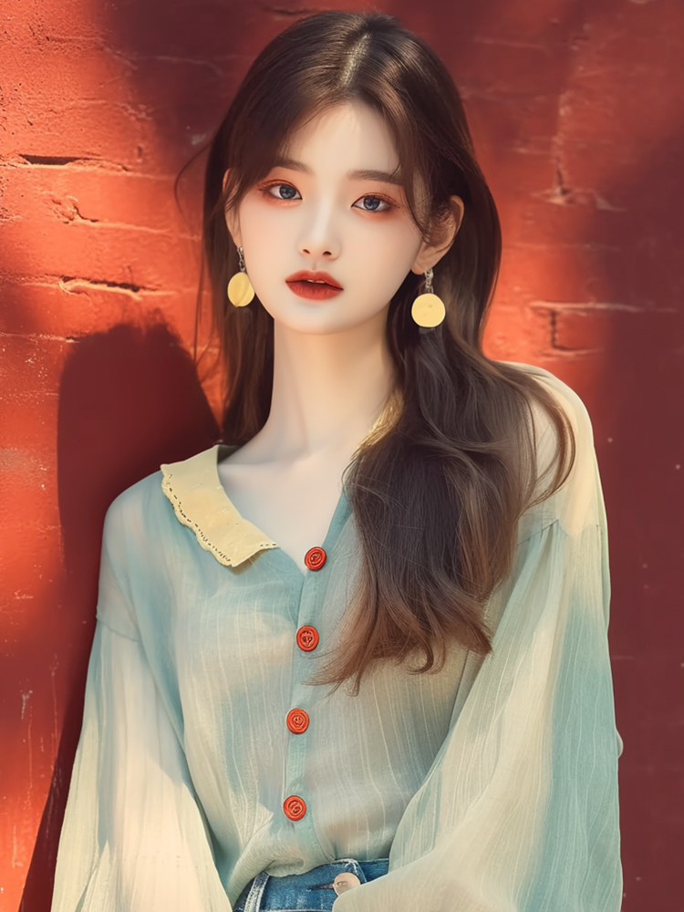 올해 인기 고유 한 아름다운 작은 셔츠 프랑스식 부드러운 바람 한 부서 연령 감소 작은 청신 박하 녹색 쉬폰 셔츠 가을