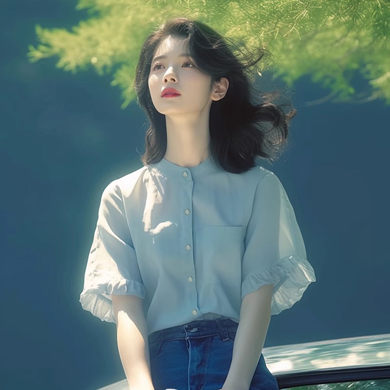 초여름 인기 ~ 중 아름다운 작은 셔츠 작은 대중 패션 외국 가스 연령 감소 문예 바람 아름다운 프릴 라운드 넥 맨위 여성